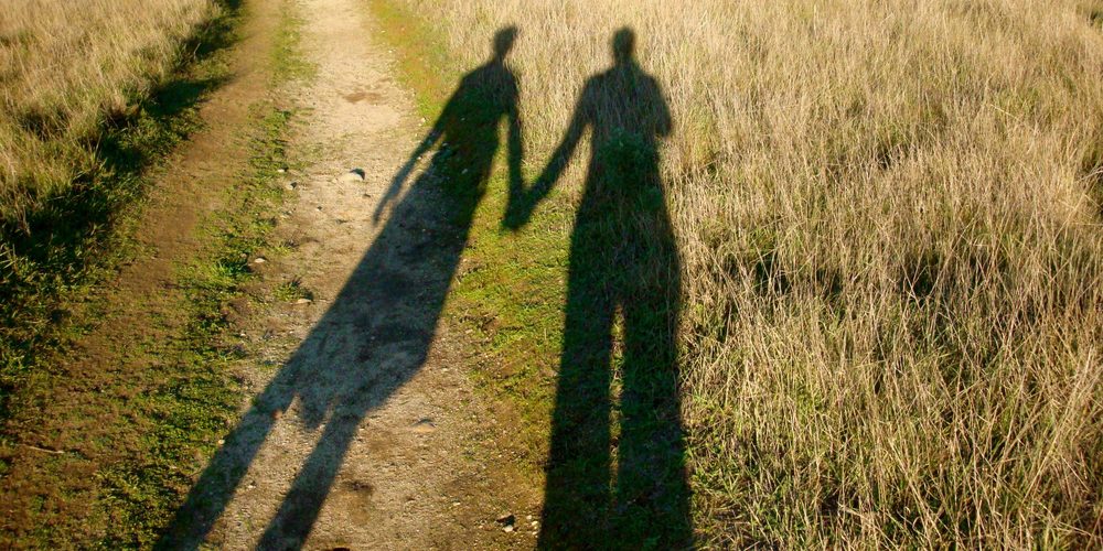 Two long shadows of a couple walking hand in hand along a path through autumn grass